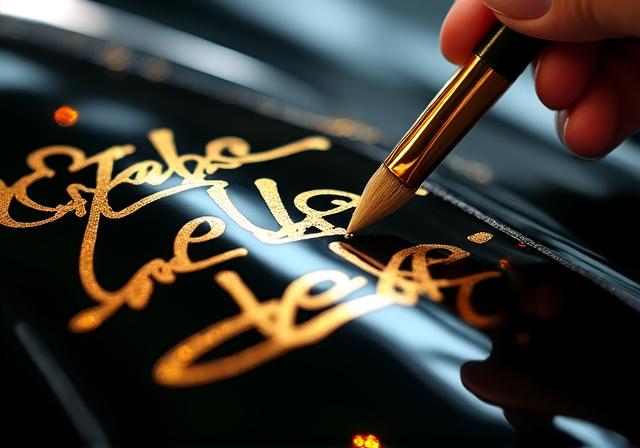 Dettaglio di calligrafia artistica applicata su carrozzeria auto scura