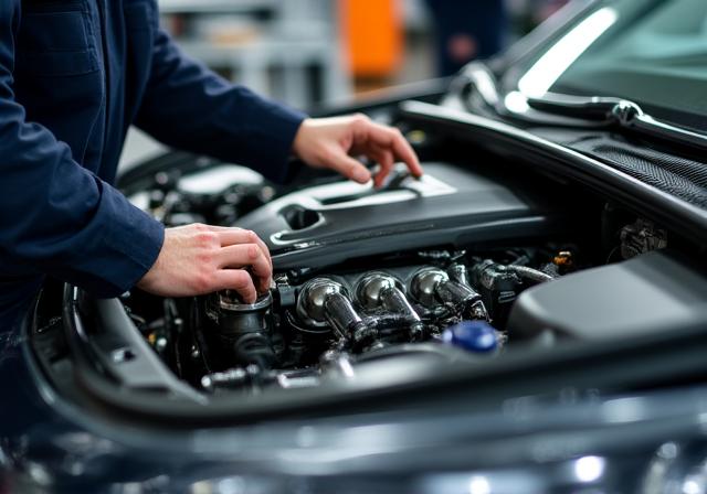 Meccanico esperto che controlla il motore di un'auto premium